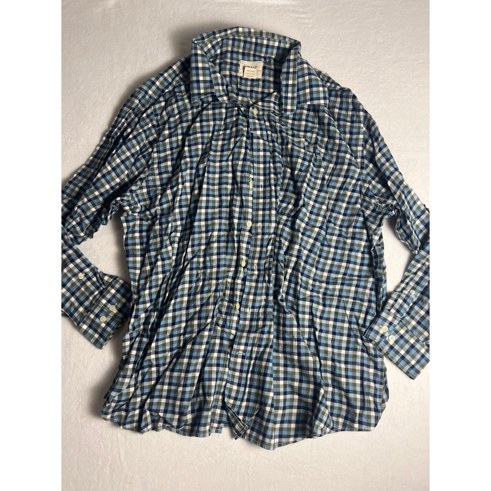 True Nation Button Down Shirt Mens 2XL Blue Green Plaid Long Sleeve Cotton